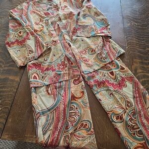 Paisley print two-piece beige set long-sleeve open-front shirt matching pants M
